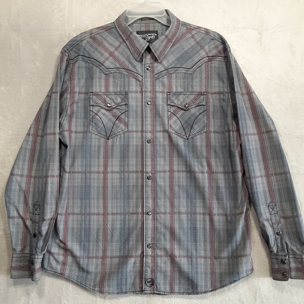 Moon Shine Spirit by Brad Paisley Mens L/S Shirt Sz.L/Gray/Black plaid/Snap